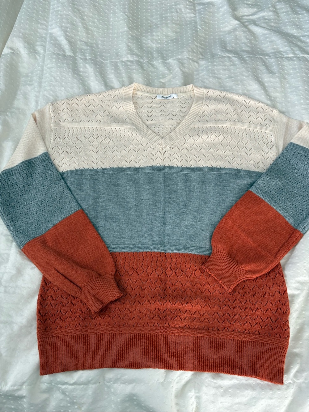 Zeagoo Colorblock Open Knit V-Neck Sweater Rust Blue Cream M